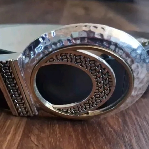 Chicos Chunky Black Leather Belt Adjustable Waist Silver Clasp Buckle Size M/L - Picture 12 of 13